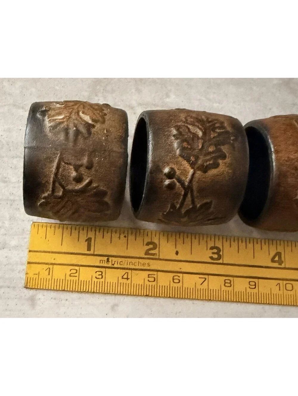 Brown Embossed Leaves Napkin Rings Set of 4 Round Rustic Fall